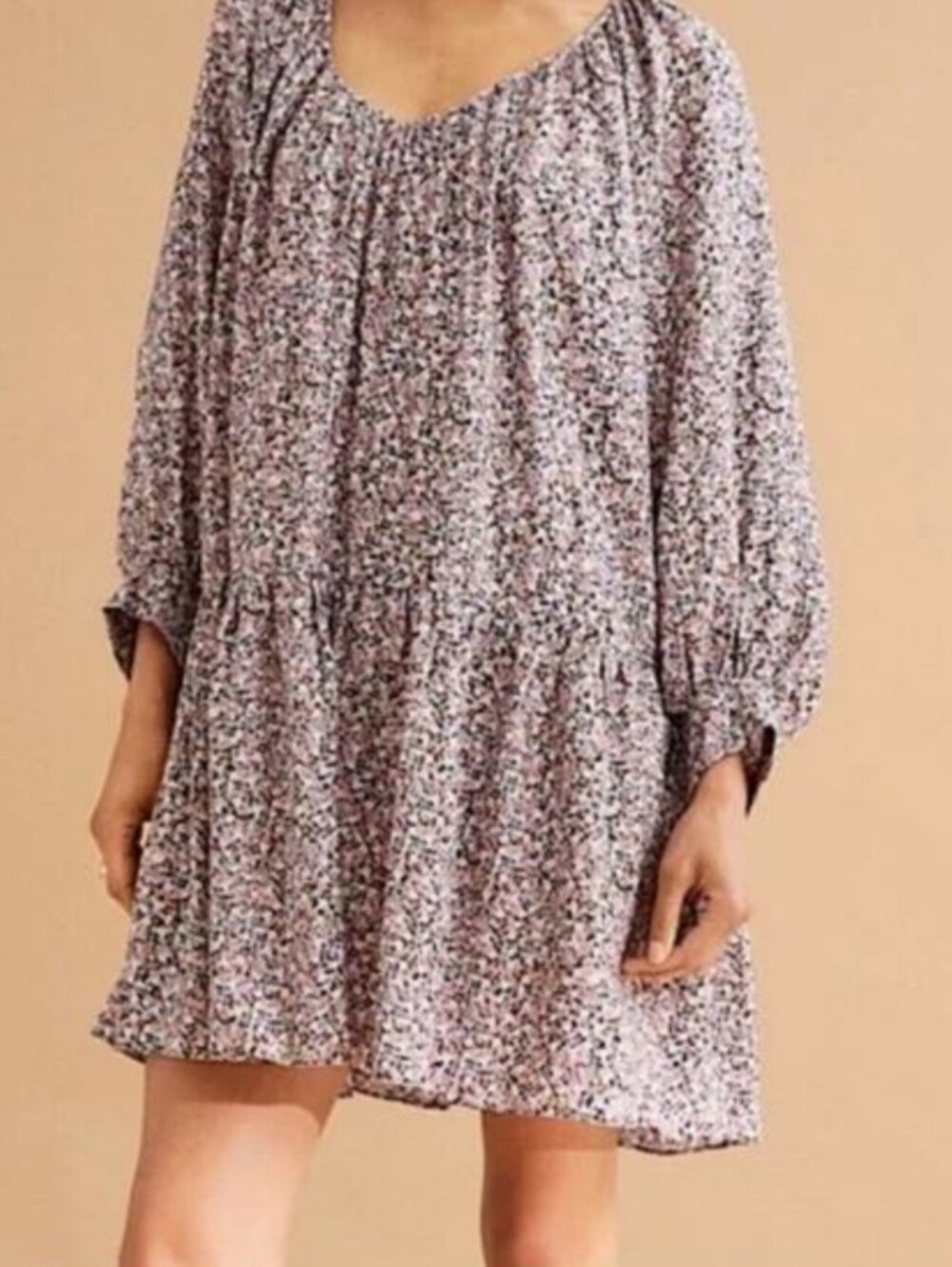 NWT H&M Ditsy Floral Pink Purple Flowy Drop Waist Flowy Mini Dress Size Large